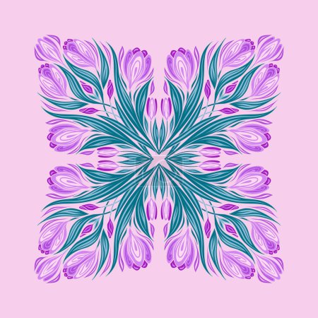 Illustration for Vector decorative illustration of bouquet crocuses. Gentle tracery card of spring flowers in square composition on pink background. Flowery ornate clipart for postcard, invitation. - Royalty Free Image