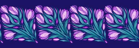Illustration for Vector seamless border with geometric crocuses. Horizontal frieze with decorative spring flowers on violet background. Tracery divider with floral bouquet in tile for frame - Royalty Free Image