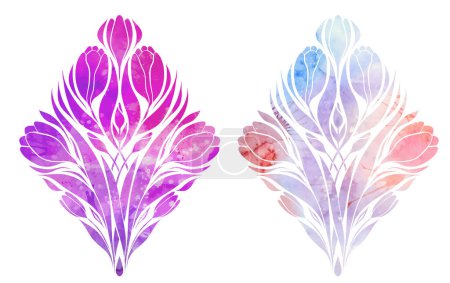 Illustration for Set of vector watercolor of crocuses cliparts. Collection of silhouette spring flowers isolated from background. Floral symmetrical bouquet for postcard, invitation. - Royalty Free Image