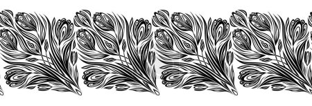 Ilustración de Borde de encaje sin costura vectorial con crocos de silueta negra aislados del fondo. Friso monocromo horizontal con flores de primavera decorativas. Divisor de tracería con arreglo floral para marco - Imagen libre de derechos