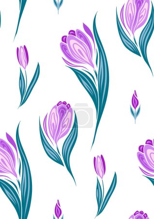 Ilustración de Diseño de la superficie vectorial con flores de primavera. Patrón decorativo sin costuras con azafranes púrpura sobre un fondo blanco. Textura floral para tejidos y papel de regalo - Imagen libre de derechos