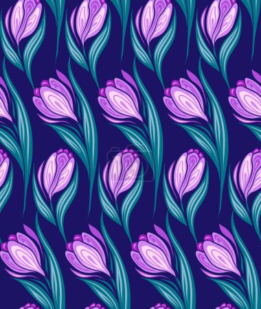 Ilustración de Patrón sin costura de primavera vectorial con flores púrpuras sobre un fondo oscuro. Textura natural con azafrán en fila. Diseño de superficies florales para telas, fondos de pantalla - Imagen libre de derechos