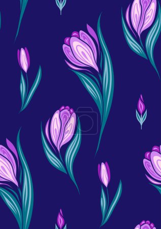 Téléchargez les illustrations : Modèle vectoriel sans couture avec des fleurs de printemps. Design de surface décoratif avec des crocus violets sur fond violet. Texture florale pour tissus. Papier d'emballage fleuri - en licence libre de droit