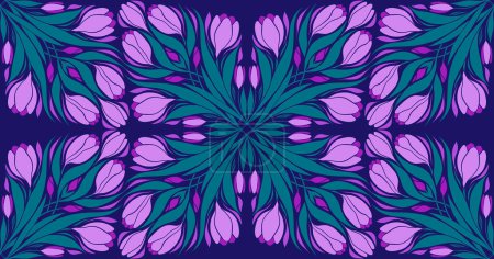Illustration for Vector seamless kaleidoscope pattern with crocuses. Art nouveau surface design with decorative spring flowers on violet background. Floral texture with bouquets in tile for wallpaper, wrapping paper - Royalty Free Image