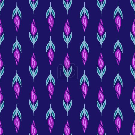 Téléchargez les illustrations : Conception de surface vectorielle avec de simples fleurs roses en rangée sur un fond violet. Motif floral géométrique sans couture pour tissus, papier peint et papier d'emballage. - en licence libre de droit
