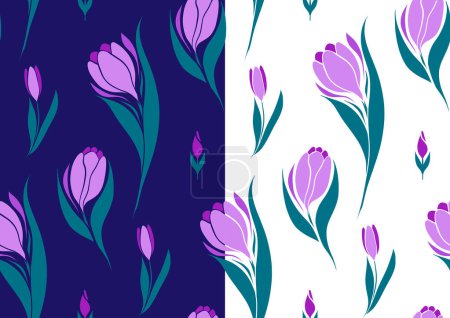 Ilustración de Conjunto de patrones sin costura vectorial con azafranes sobre fondo violeta y blanco. Diseño de superficie con silueta de flores de primavera. Colección de texturas floridas para tela, papel pintado - Imagen libre de derechos