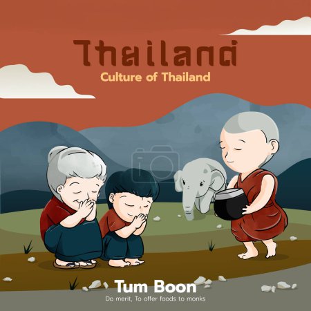 Téléchargez les illustrations : Tum boon faire la culture du mérite de thailand mignon couple de dessins animés d'enfants et de moine avec illustration vectorielle de personnage d'éléphant - en licence libre de droit