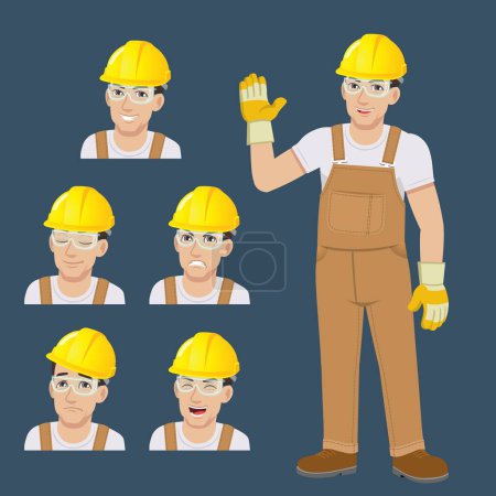 workman wearing jumpsuit and safety gear standing waves hand with set of face expression