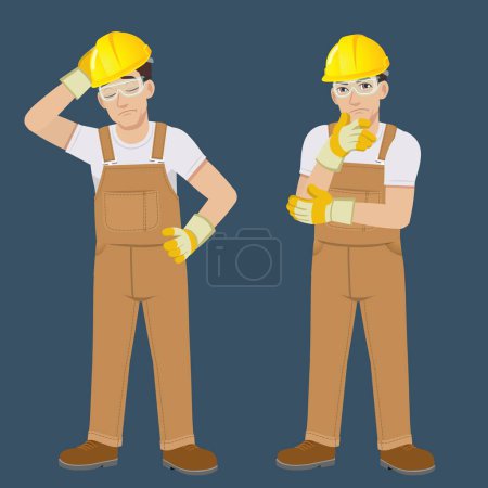 workman wearing jumpsuit and safety gear unhappy standing thinking solution to solve the problem