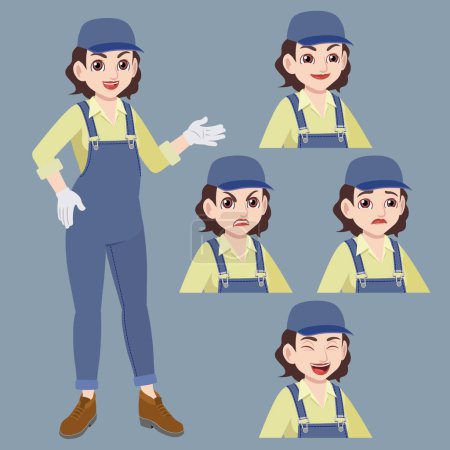 femme de travail en combinaison portant un chapeau debout main agitée avec des gants et ensemble d'expression du visage comme visage heureux, visage en colère, visage triste, visage souriant et visage riant.