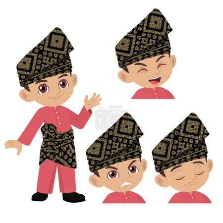 Netter glücklicher malaiischer Junge in traditioneller malaiischer Kleidung in stehender Pose winkte mit einer Reihe von Gesichtsausdrücken