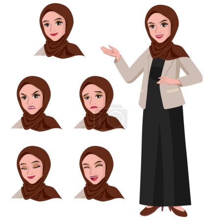 Beautiful Islam business woman in suit and wearing hijab standing greeting with set of face expression of angry, sad, happy, smiling and laughing faces