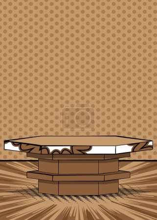 Illustration for Comic Book Stage. Brown Hexagonal Showcase. Cartoon podium for mockup presentation. Vector Product Advertisement Space. Graphic Presentation Illustration. - Royalty Free Image