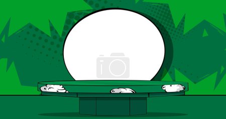 Ilustración de Green Comic Book Product podium. Cartoon stage. Pop Art mockup presentation. Abstract Manga Style background. - Imagen libre de derechos