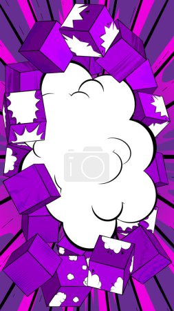 Téléchargez les illustrations : Fond d'écran bande dessinée violet foncé avec des formes de cube. BD affiche de fond de bande dessinée, modèle de bannière. - en licence libre de droit
