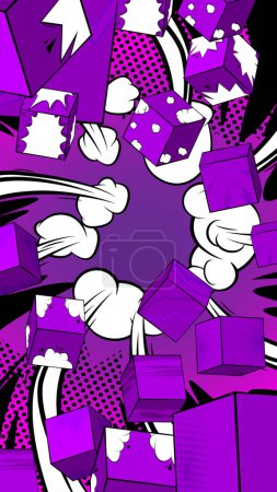 Illustration for Dark Purple comic book wallpaper with cube shapes. Comics cartoon background poster, banner template. - Royalty Free Image