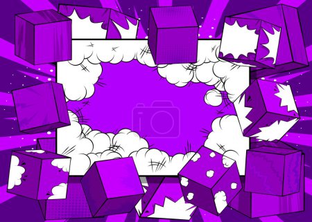 Ilustración de Fondo de pantalla de cómic Dark Purple con formas de cubo. Cartel de fondo de historietas, plantilla de banner. - Imagen libre de derechos