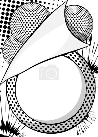 Illustration for Comic book Black and white Advertising background. Comics Presentation poster with blank sphere for text. Abstract busy space, retro pop art style. - Royalty Free Image