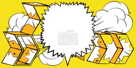 Téléchargez les illustrations : Bulle de discours de bande dessinée blanche avec des symboles de flèche abstraite de bande dessinée jaune. Rétro pop art Direction Panneau, fond affiche. - en licence libre de droit