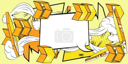 Ilustración de Burbuja de voz de cómic blanco con símbolos de flecha abstracta de cómics amarillos. Arte pop retro dirección signo, cartel de fondo. - Imagen libre de derechos