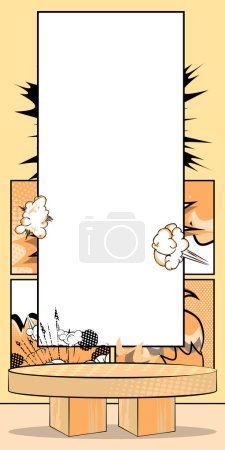 Illustration for Cartoon light orange colored product podium stage. High comic book mockup presentation. Marketing, Sale banner template. - Royalty Free Image