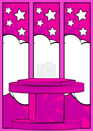 Illustration for Comic Book Fuchsia Colored Product Podium Stage. Comics Showroom for Mockup Presentation. Pop Art Pedestal Advertising Background. - Royalty Free Image