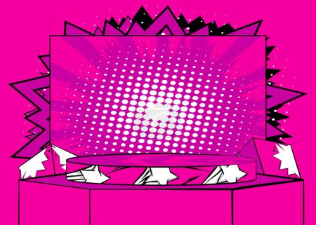 Illustration for Comic Book Fuchsia Colored Product Podium Stage. Comics Showroom for Mockup Presentation. Pop Art Pedestal Advertising Background. - Royalty Free Image
