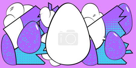 Téléchargez les illustrations : Bande dessinée bannière de Pâques avec oeuf blanc sur fond bleu et violet. BD abstraite affiche style pop art rétro. - en licence libre de droit