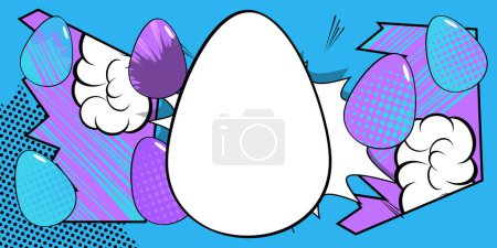 Téléchargez les illustrations : Bande dessinée bannière de Pâques avec oeuf blanc sur fond bleu et violet. BD abstraite affiche style pop art rétro. - en licence libre de droit