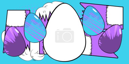 Illustration for Comic book Easter banner with blank Egg on blue and violet background. Comics abstract retro pop art style poster. - Royalty Free Image