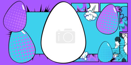 Illustration for Comic book Easter banner with blank Egg on blue and violet background. Comics abstract retro pop art style poster. - Royalty Free Image
