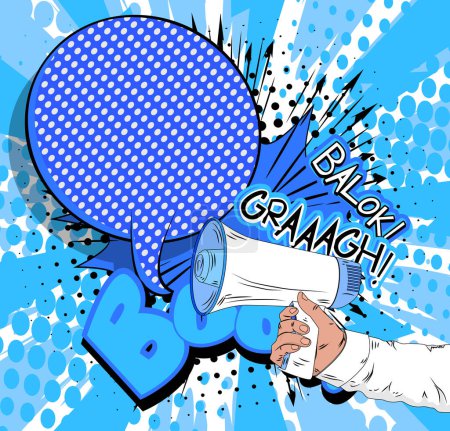Ilustración de Mano de cómic sosteniendo Megáfono. Cartoon illustration of a Loudspeaker on blue comics background. Pop Art anuncio mensaje concepto. - Imagen libre de derechos