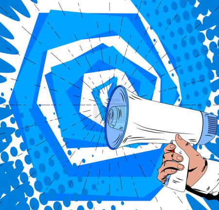 Illustration for Comic book hand holding Megaphone. Cartoon illustration of a Loudspeaker on blue comics background. Pop Art announcement message concept. - Royalty Free Image