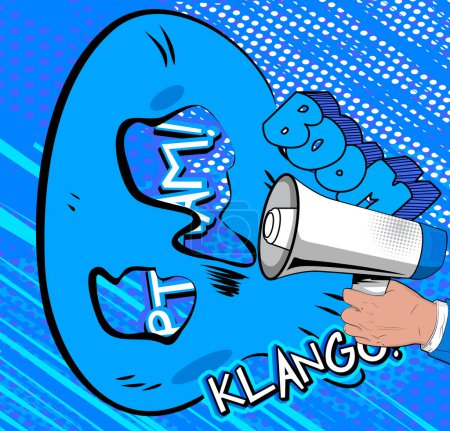 Illustration for Comic book hand holding Megaphone. Cartoon illustration of a Loudspeaker on blue comics background. Pop Art announcement message concept. - Royalty Free Image