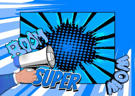 Ilustración de Mano de cómic sosteniendo Megáfono. Cartoon illustration of a Loudspeaker on blue comics background. Pop Art anuncio mensaje concepto. - Imagen libre de derechos