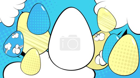 Illustration for Comic Book White Easter on pastel green, yellow and blue background. Comics abstract holiday backdrop. Retro pop art style poster. - Royalty Free Image