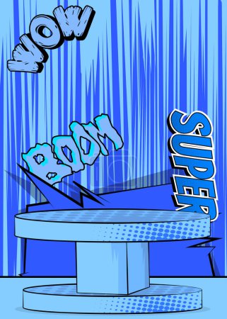 Illustration for Comic book blue product podium backdrop. Pop Art Stage for presentation. Comics business advertising background. Retro platform, marketing display. - Royalty Free Image
