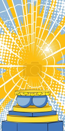 Illustration for Comic book yellow and blue product podium banner. Pop Art Stage for presentation. Comics business advertising background. Retro platform, marketing display backdrop. - Royalty Free Image