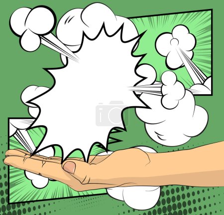 Ilustración de Comic Book Man 's Hand sosteniendo una burbuja en blanco en la palma de su mano. Abstracto arte pop fondo verde para Publicidad. Plantilla de póster retro. - Imagen libre de derechos