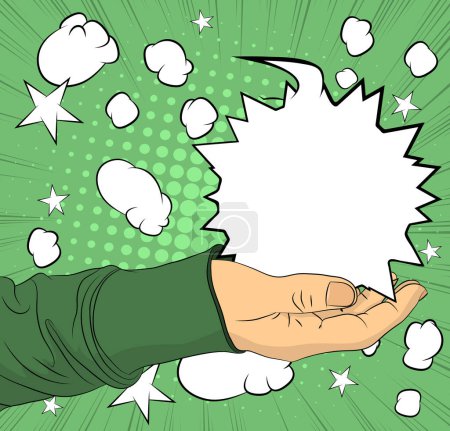 Ilustración de Comic Book Man 's Hand sosteniendo una burbuja en blanco en la palma de su mano. Abstracto arte pop fondo verde para Publicidad. Plantilla de póster retro. - Imagen libre de derechos