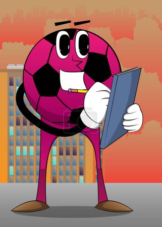 Illustration for Soccer ball writing on a books cover. Traditional football ball as a cartoon character with face. - Royalty Free Image