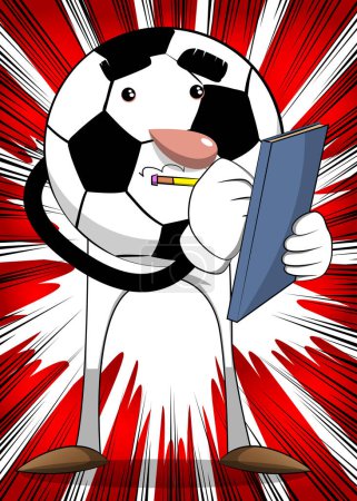 Ilustración de Escribir pelota de fútbol en una portada de libros. Pelota de fútbol tradicional como personaje de dibujos animados con cara. - Imagen libre de derechos