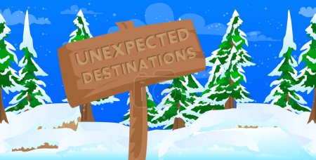 Illustration for Unexpected Destinations text on Wooden sign. Cartoon vector illustration. - Royalty Free Image
