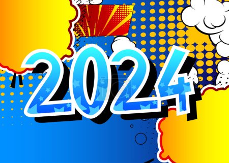 Illustration for Cartoon 2024 explosion sign, comic book New Year. Retro vector comics pop art design. - Royalty Free Image