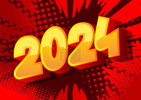 Téléchargez les illustrations : Cartoon 2024 explosion signe, bande dessinée Nouvel An. BD vectorielles rétro pop art design. - en licence libre de droit
