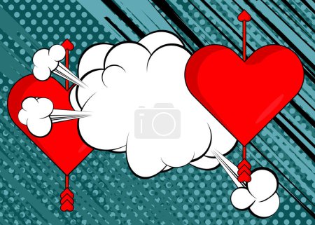 Ilustración de Flecha de dibujos animados Signo de burbuja de corazón y habla, símbolo del día de San Valentín de cómic. Diseño de arte pop retro vector cómics. - Imagen libre de derechos