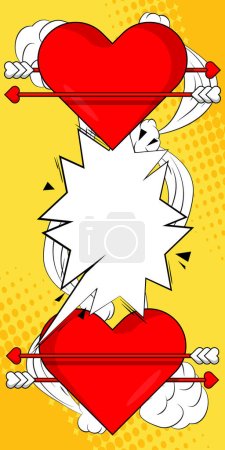 Illustration for Cartoon Arrow Heart and speech bubble sign, comic book Valentine's Day Symbol. Retro vector comics pop art design. - Royalty Free Image