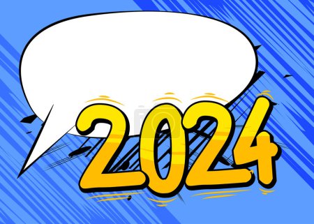 Téléchargez les illustrations : Caricature 2024 avec bulle de discours vierge signe, bande dessinée Nouvel An fond. BD vectorielles rétro pop art design. - en licence libre de droit