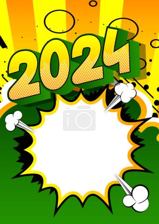 Téléchargez les illustrations : Caricature 2024 avec bulle de discours vierge signe, bande dessinée Nouvel An fond. BD vectorielles rétro pop art design. - en licence libre de droit