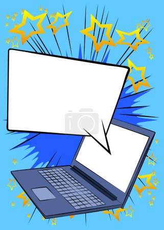 Illustration for Cartoon Laptop with blank speech bubble, comic book Notebook background. Retro vector comics pop art design. - Royalty Free Image